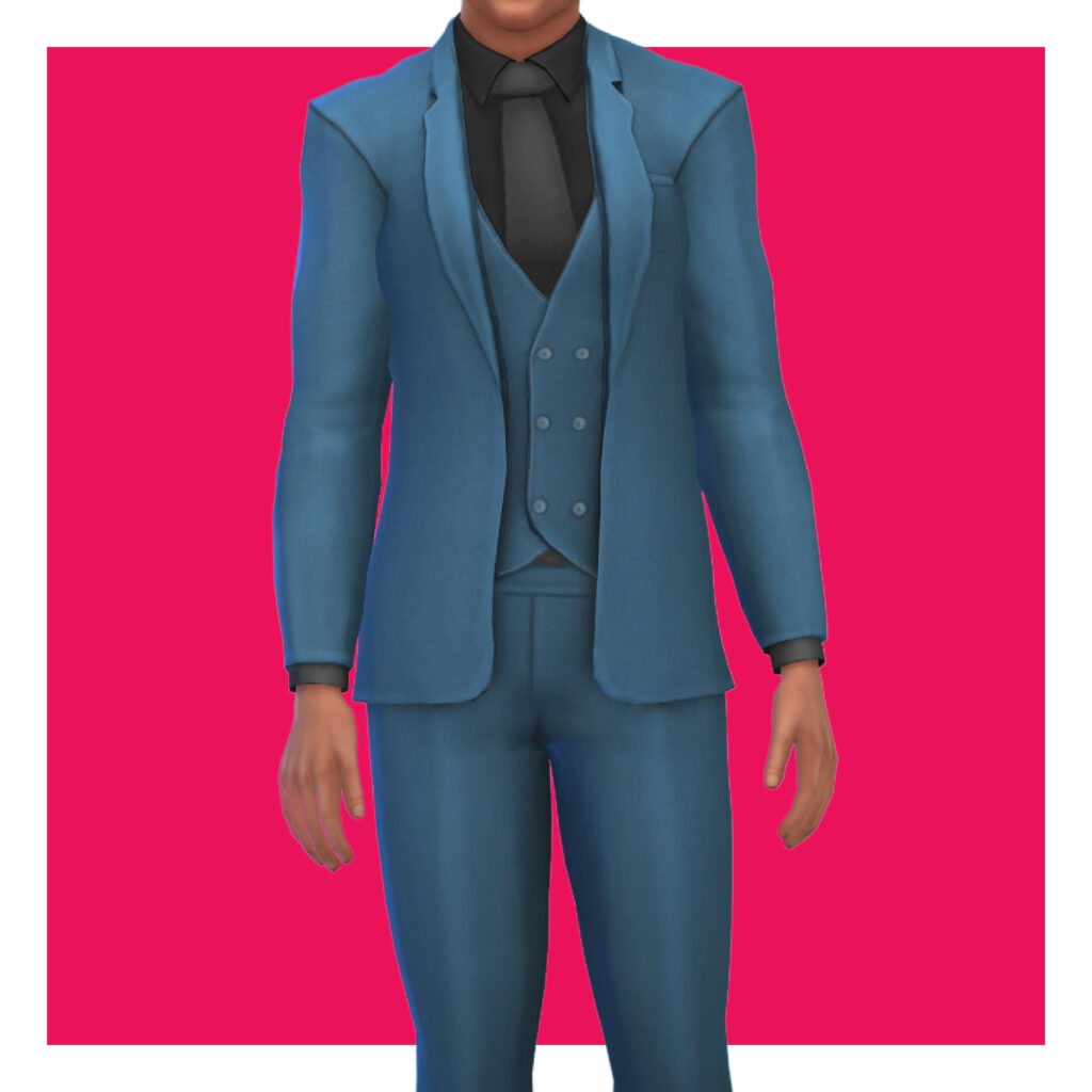 Ein männlicher Sim aus Die Sims 4 auf einem rosa Hintergrund. Der Kopf des Sims ist aus dem Bild ausgeschnitten. Dieser Sim trägt einen blau-schwarzen Anzug als seine Sims 4 CC-Kleidung.