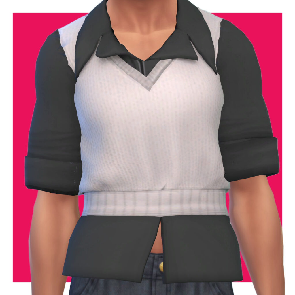 Ein männlicher Sim aus Die Sims 4 auf einem rosa Hintergrund. Der Kopf des Sim ist aus dem Bild herausgeschnitten. Der Sim trägt ein langärmeliges schwarzes Hemd mit hochgekrempelten Ärmeln, darüber hat er eine abgeschnittene cremefarbene Weste.