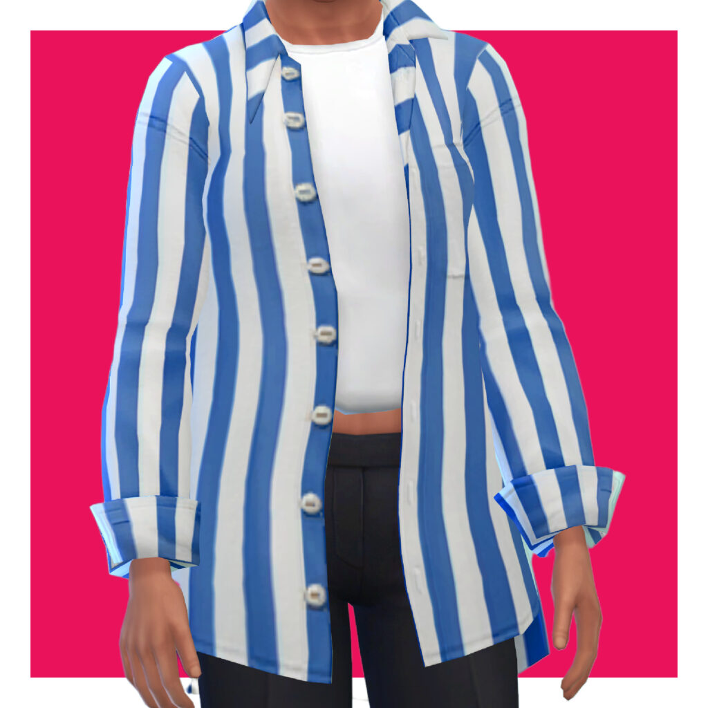 Ein männlicher Sim aus Die Sims 4 auf einem rosa Hintergrund. Der Kopf des Sims ist aus dem Bild geschnitten. Für ihre Sims 4 CC-Kleidung tragen sie eine schwarze Hose mit einem weißen, abgeschnittenen Hemd oben drauf. Darüber tragen sie ein blau-weiß gestreiftes Langarmhemd.