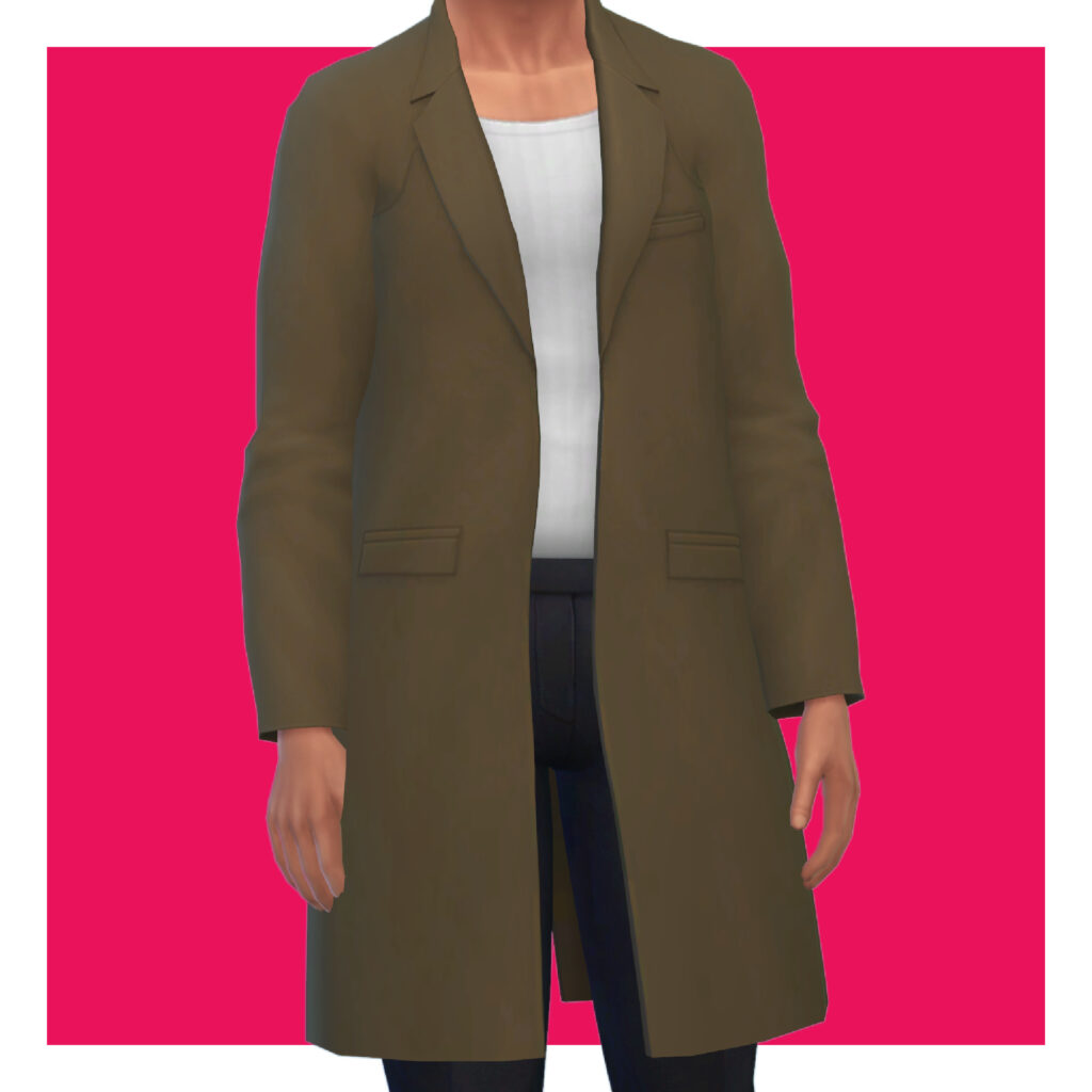Ein männlicher Sim aus Die Sims 4 auf einem rosa Hintergrund. Dieser Sim hat den Kopf aus dem Bild ausgeschnitten. Der Sim trägt ein weißes Shirt mit einem langen Übermantel.