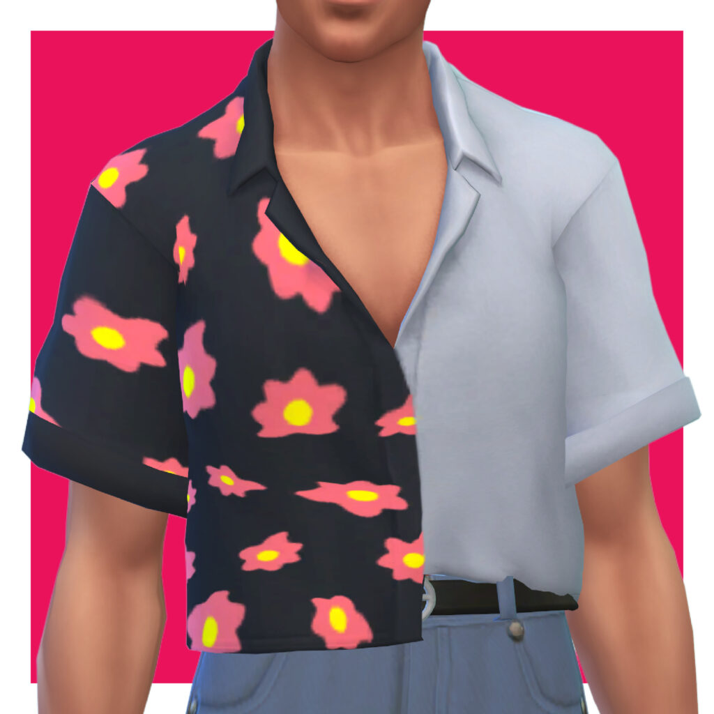 Ein männlicher Sim aus Die Sims 4 auf einem rosa Hintergrund. Dieser Sim hat den Kopf aus dem Bild herausgeschnitten. Dieser Sim trägt ein Hemd mit Kragen, bei dem eine Seite einfarbig weiß und die andere Seite schwarz und pink mit Blumenmuster ist.
