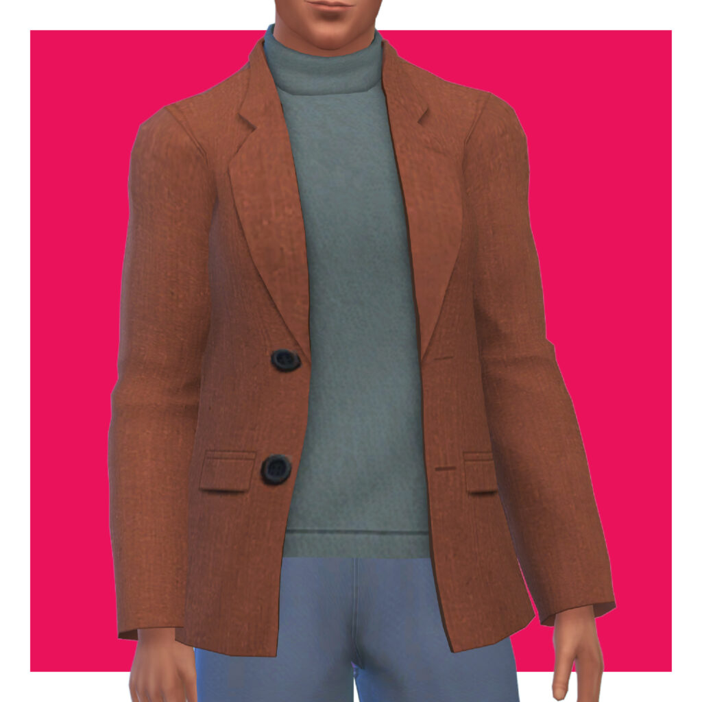 Ein männlicher Sim aus Die Sims 4 auf einem rosa Hintergrund. Der Kopf des Sims ist aus dem Bild geschnitten. Der Sim trägt einen Rollkragenpullover mit einer Anzugjacke darüber.