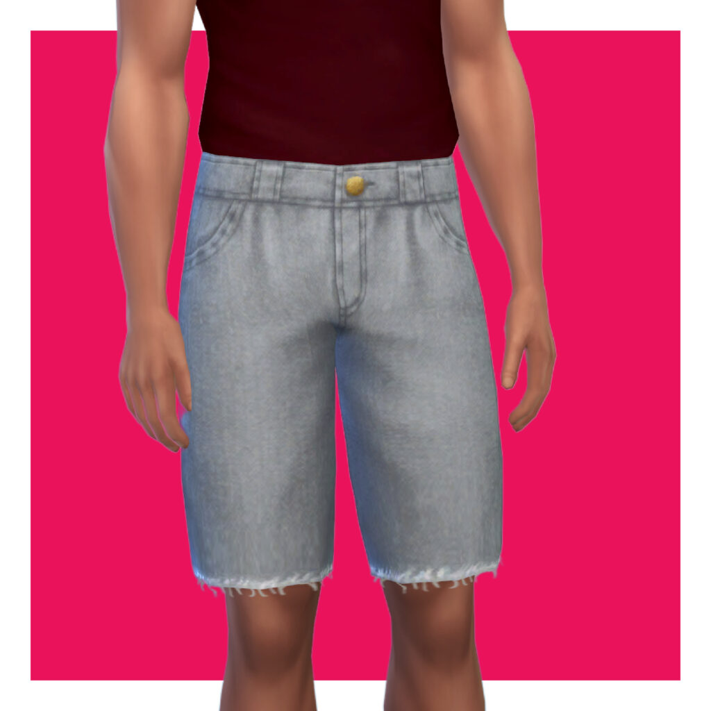 Ein männlicher Sim aus Die Sims 4 auf einem rosa Hintergrund. Der Kopf des Sims ist aus dem Bild ausgeschnitten. Dieser Sim trägt eine Jeansshorts als seine Sims 4 CC-Kleidung.