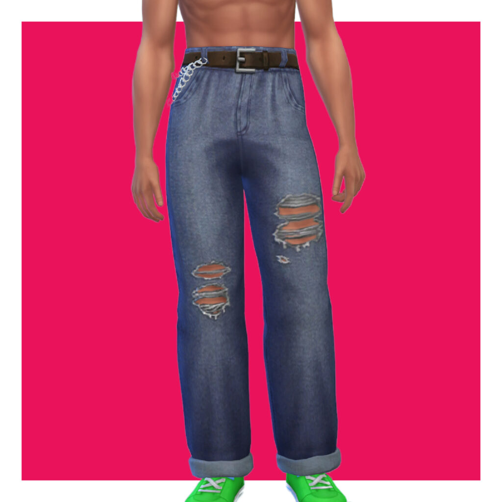 Ein männlicher Sim aus Die Sims 4 auf einem rosa Hintergrund. Der Kopf dieses Sims ist aus dem Bild ausgeschnitten. Dieser Sim ist oben ohne und trägt eine Jeans mit Distressed-Look.