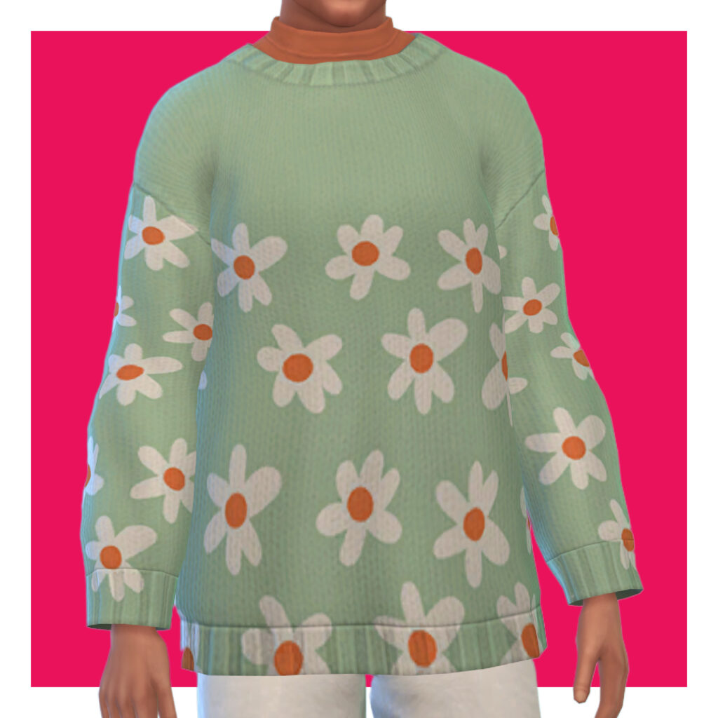 Ein männlicher Sim aus Die Sims 4 auf einem rosa Hintergrund. Dieser Sim hat den Kopf aus dem Bild herausgeschnitten. Für seine Sims 4 CC-Kleidung trägt dieser Sim ein hellgrünes Shirt mit Gänseblümchen oben drauf.