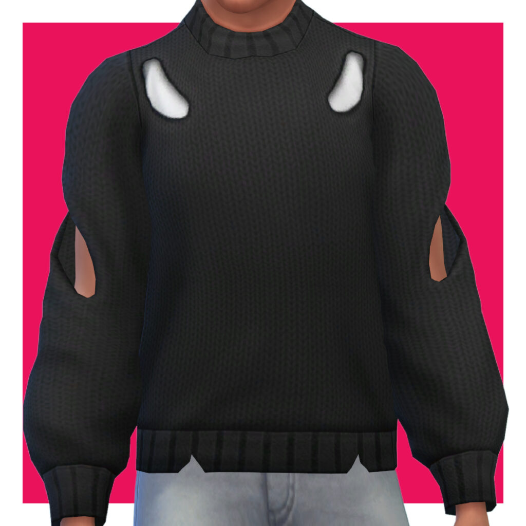Ein männlicher Sim aus Die Sims 4 auf einem rosa Hintergrund. Der Kopf des Sims wurde aus dem Bild herausgeschnitten. Der Sim trägt einen Pullover mit kleinen Rissen als seine Sims 4 CC-Kleidung.