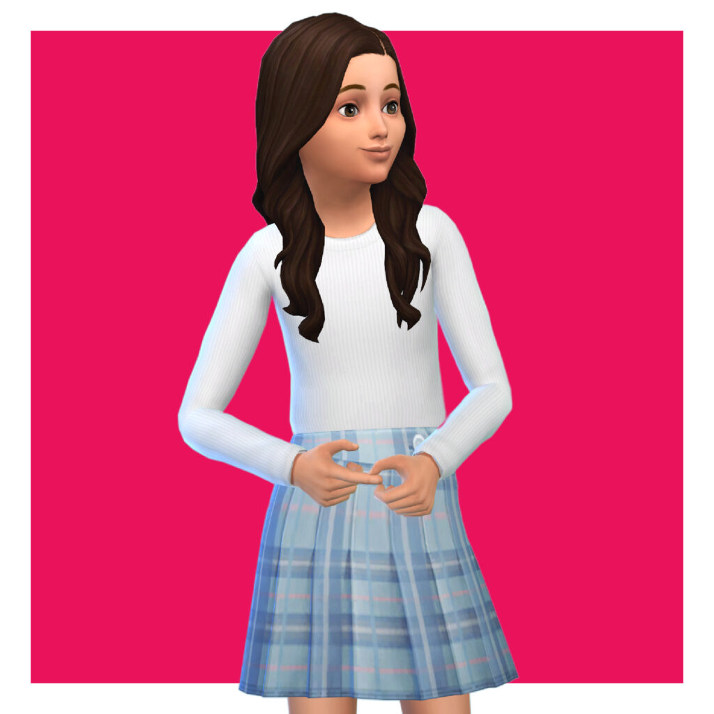 Ein Kind aus Die Sims 4 auf einem hellrosa Hintergrund. Dieser Sim hat braune Haare und trägt einen karierten Rock mit einem langärmligen weißen Pullover.