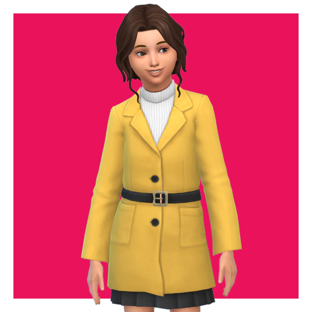 Ein Kind aus Die Sims 4 vor einem hellrosa Hintergrund. Dieser Sim hat braune Haare in einem Pferdeschwanz am Hinterkopf. Sie tragen einen Rock mit einem Anzugjackett, das oben gegürtet ist.