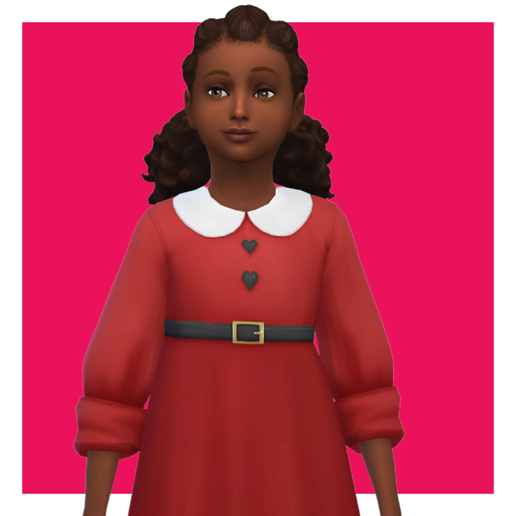 Ein Kind aus Die Sims 4 auf einem leuchtend rosa Hintergrund. Diese Figur trägt ein rotes langärmeliges Kleid mit einem weißen Peter-Pan-Kragen und einem Gürtel.