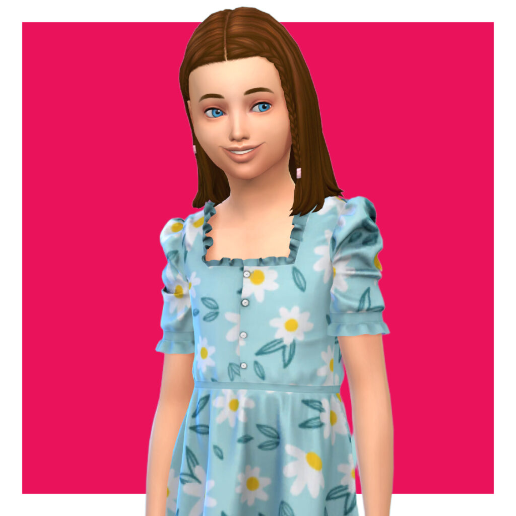 Ein Kind aus Die Sims 4 auf einem hellrosa Hintergrund. Diese Sims hat schulterlanges braunes Haar mit Zöpfen und trägt ein hellblaues Kleid, das mit Gänseblümchen bedeckt ist.