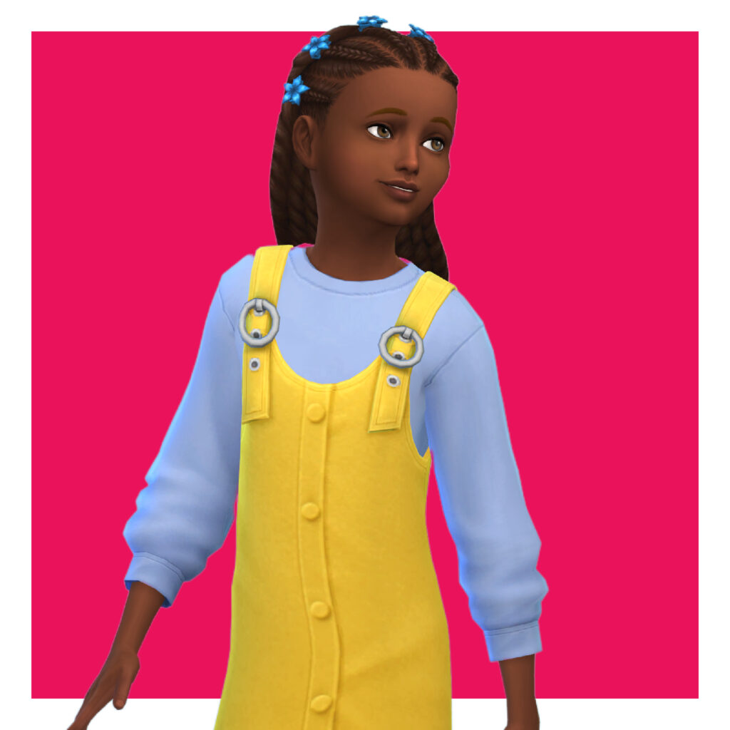 Ein Kind aus Die Sims 4 auf einem leuchtend rosa Hintergrund. Dieser Sim schaut zur Seite. Für ihre Die Sims 4 CC-Kleidung trägt sie einen langärmeligen blauen Pullover unter einem leuchtend gelben Latzkleid.