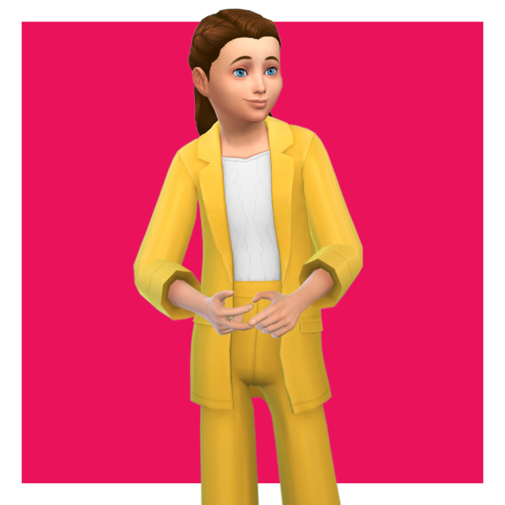 Ein Kind aus Die Sims 4 auf einem leuchtend rosa Hintergrund. Diese Sim trägt Sims 4 CC-Kleidung, die aus einem Anzug besteht, der leuchtend gelb ist und darunter ein weißes Hemd hat.