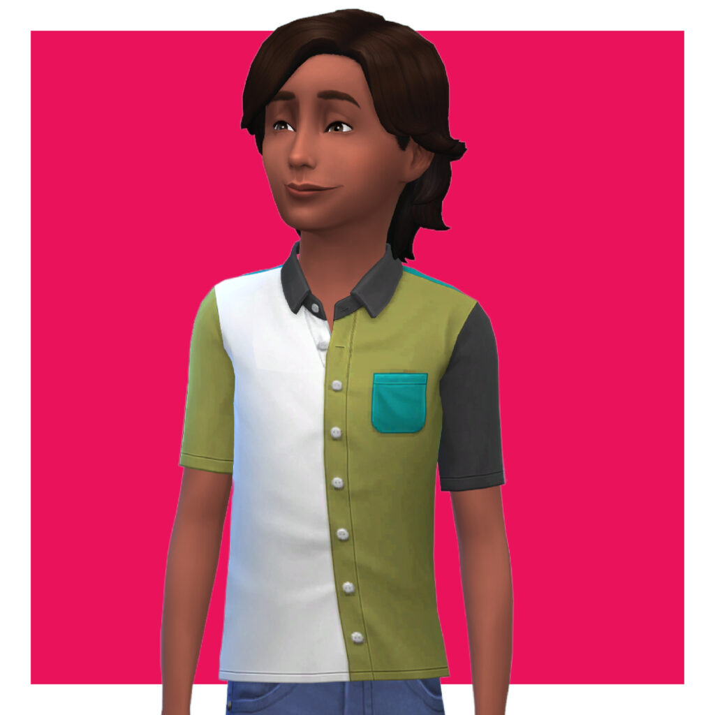 Ein Kind aus Die Sims 4 auf einem knallrosa Hintergrund. Das Kind trägt ein Kragenhemd mit Farbblöcken, mit einer blauen Tasche, einer Seite in Weiß und einer Seite in Grün.