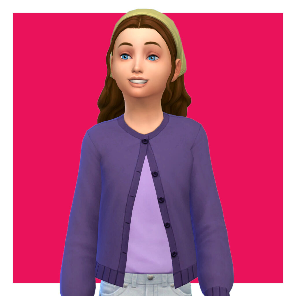 Ein Kind aus Die Sims 4 auf einem leuchtend rosa Hintergrund. Dieses Kind trägt ein grünes Bandana auf seinem braunen Haar zusammen mit einem lila Cardigan über einem helleren lila Hemd.