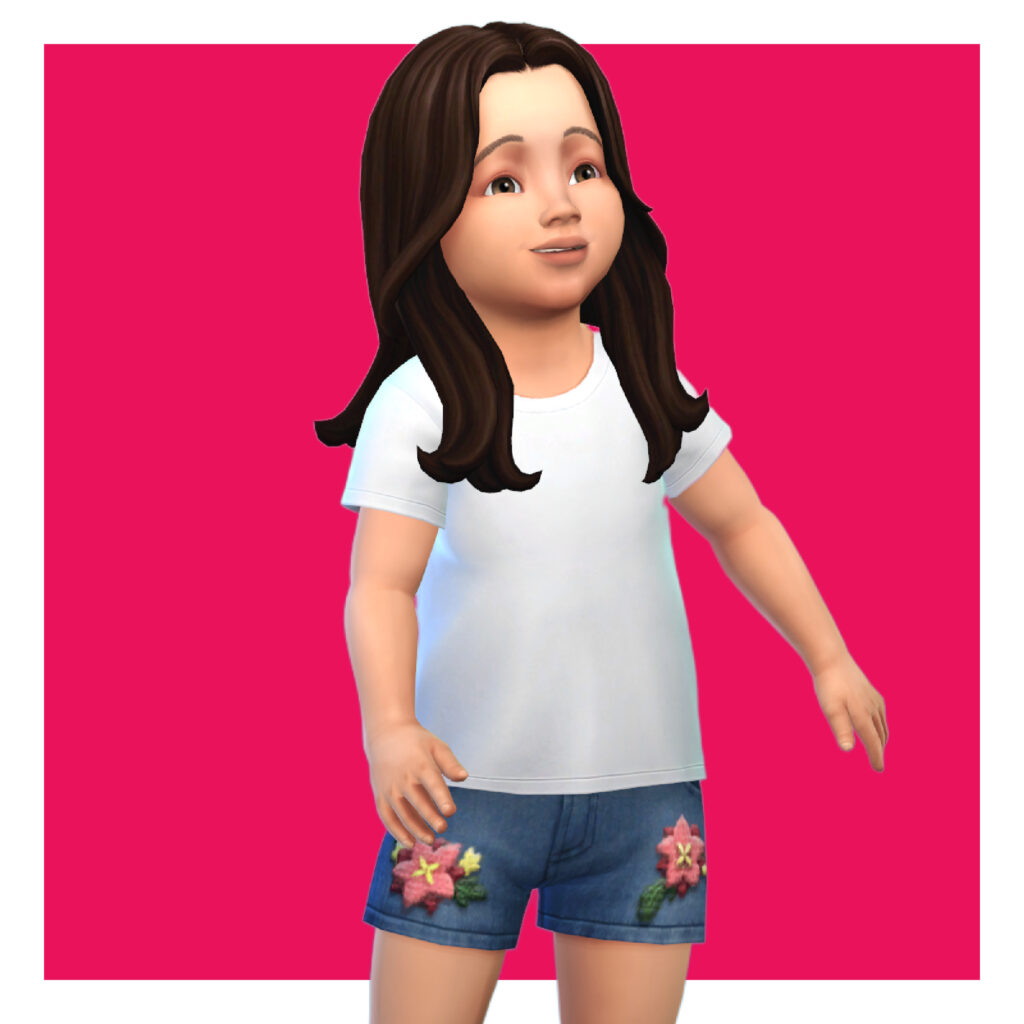Ein Kleinkind aus Die Sims 4 auf einem hellrosa Hintergrund. Dieses Kleinkind trägt Sims 4 CC-Kleidung für seine Shorts, die mit Blumen bestickt sind, und trägt ein weißes T-Shirt dazu.
