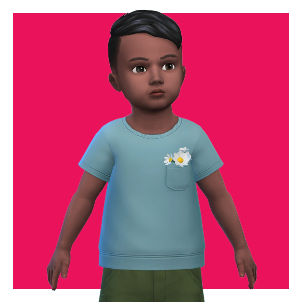 Ein Kleinkind aus Die Sims 4 auf einem leuchtend rosa Hintergrund. Dieses Kleinkind trägt ein blaues T-Shirt mit Blumen, die aus einer Tasche auf der Brust kommen.
