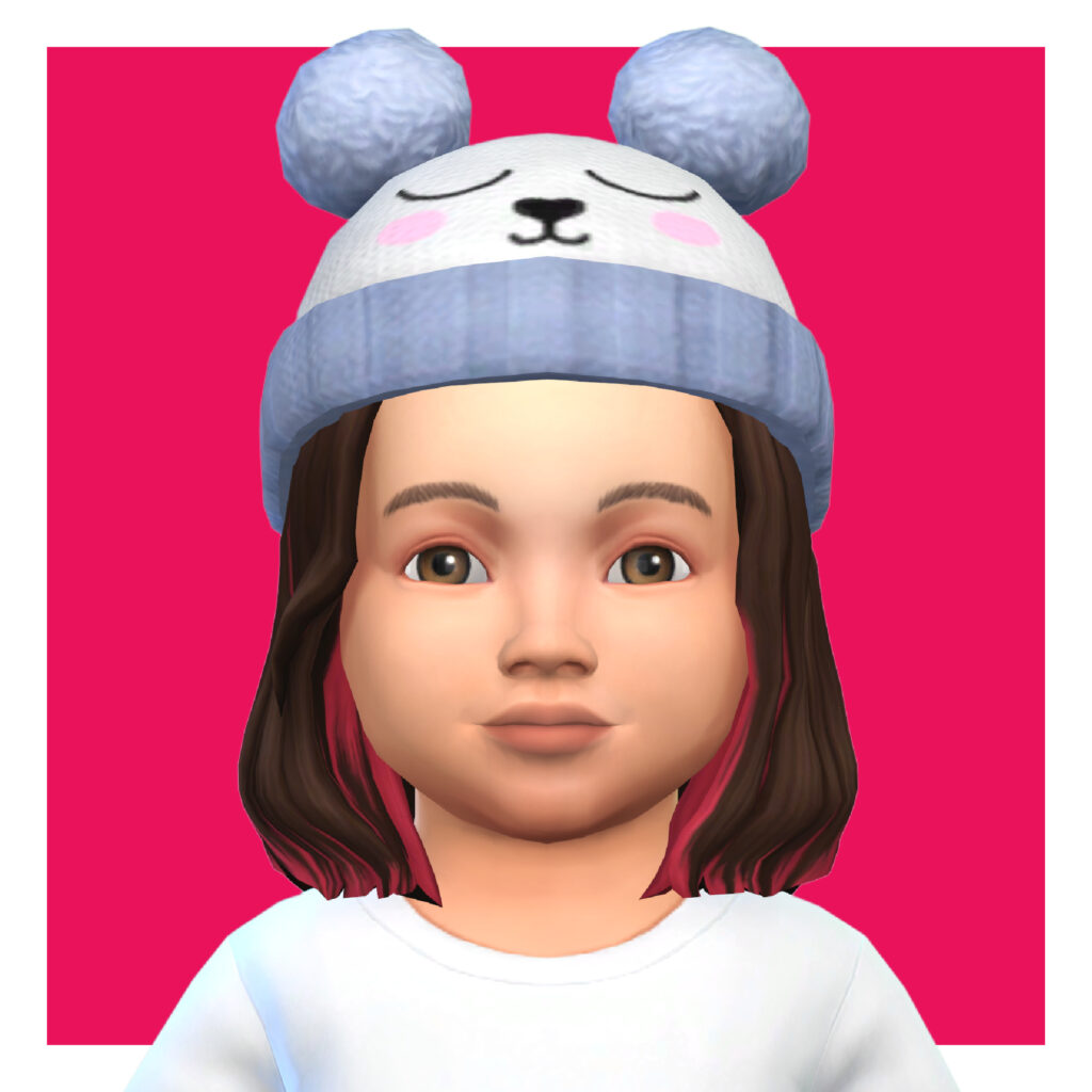 Ein Kleinkind aus Die Sims 4 auf einem hellrosa Hintergrund. Dieser Sim trägt ein weißes T-Shirt als Kleidung im Sims 4 CC. Er hat braunes und rosa Haar und trägt eine Mütze, die wie ein Panda aussieht.