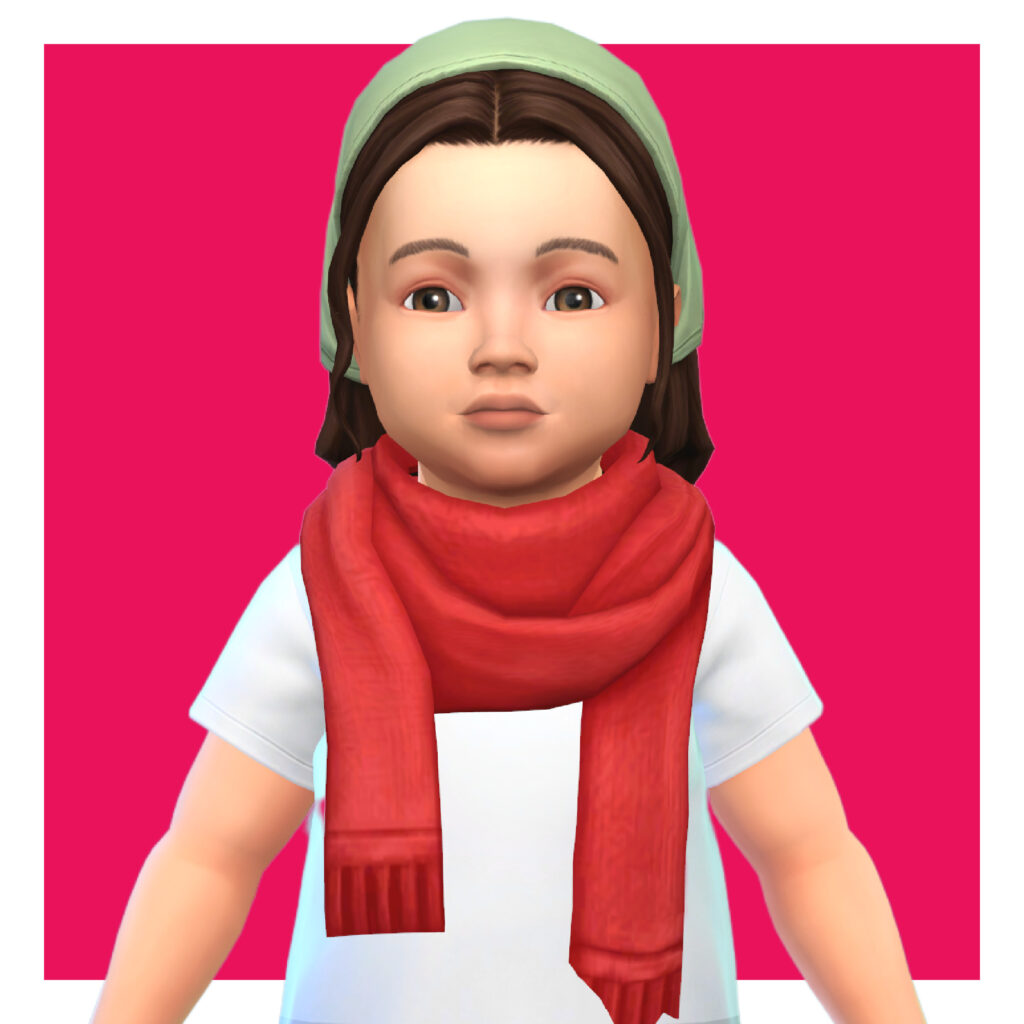 Ein Kleinkind von Die Sims 4 auf einem leuchtend pinken Hintergrund. Dieser Sim trägt ein weißes T-Shirt mit einem leuchtend rot-orangen Schal und einem grünen Bandana.