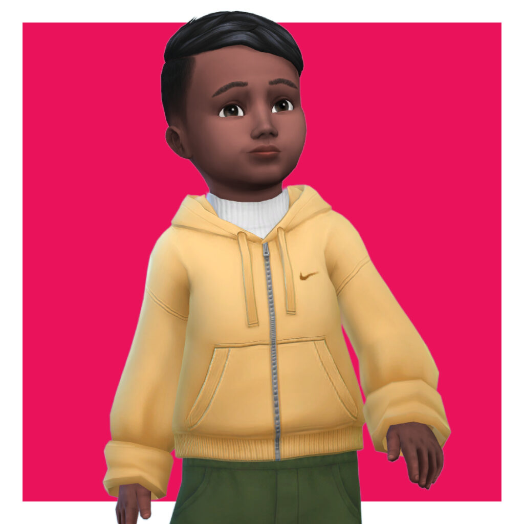 Ein Kleinkind aus Die Sims 4 auf einem hellrosa Hintergrund. Dieses Kleinkind trägt einen gelben Hoodie mit Reißverschluss über einem weißen T-Shirt.