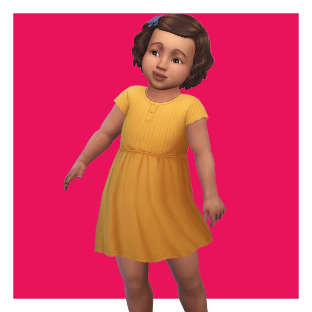 Ein Kleinkind aus Die Sims 4 auf einem leuchtend pinken Hintergrund. Diese Figur trägt ein gelbes Kleid als ihre Sims 4 CC-Kleidung. Das Kleid hat Rippungen auf der Brust und zwei Knöpfe.