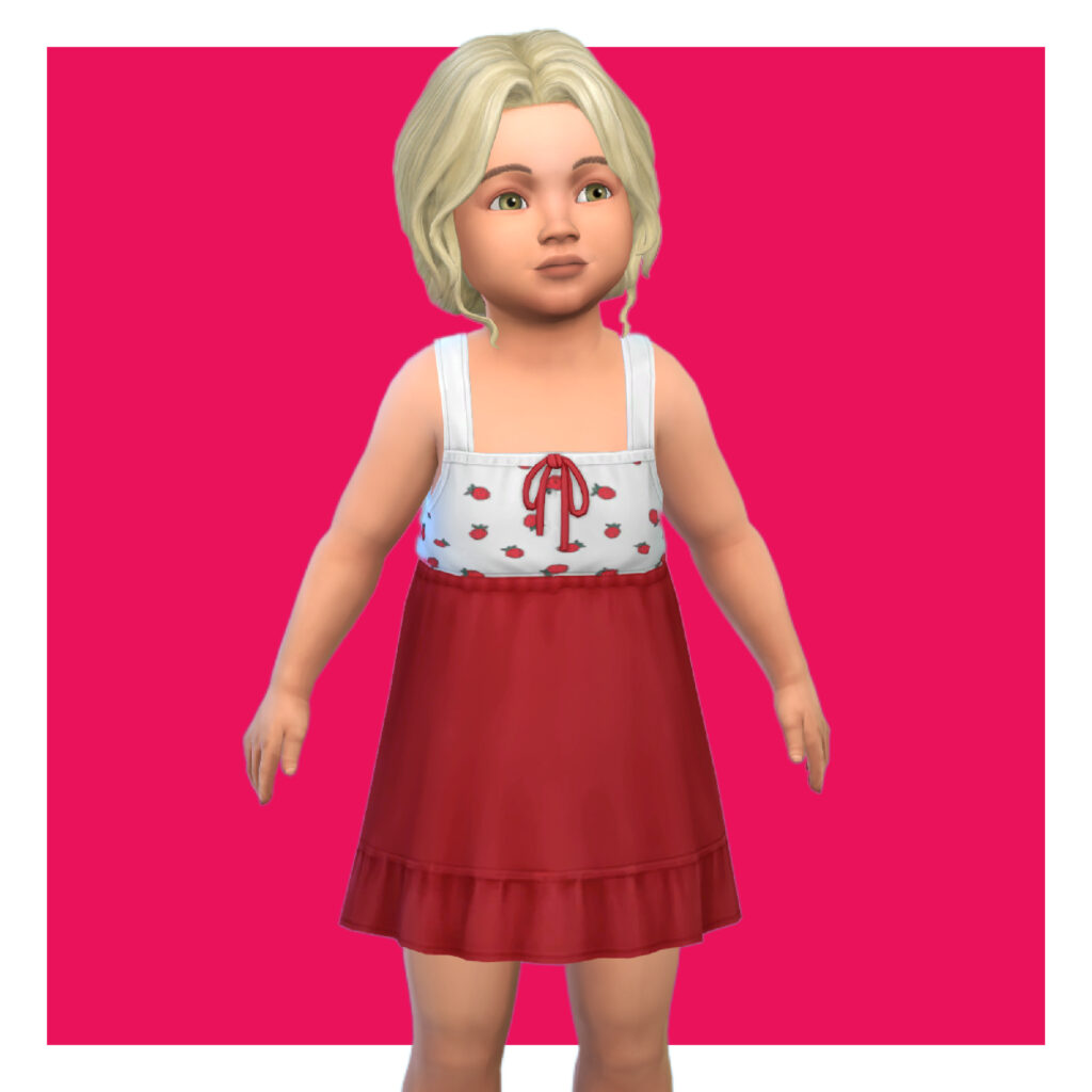 Ein Kleinkind aus Die Sims 4 auf einem leuchtend rosa Hintergrund. Dieser blonde Sim trägt ein weiß-rotes Kleid mit Erdbeer-Muster.