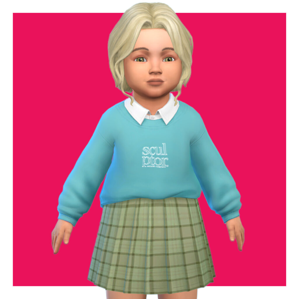 Ein Kleinkind aus The Sims 4 auf einem hellrosa Hintergrund. Diese Figur trägt Sims 4 CC-Kleidung: ein Hemd mit Kragen unter einem Pullover mit einem karierten Rock.