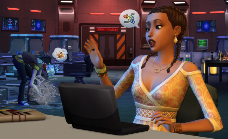 Ein Sim in Die Sims 4 an einem Computer, der diese Schreibfähigkeit verwendet, damit er keine Cheats verwenden muss