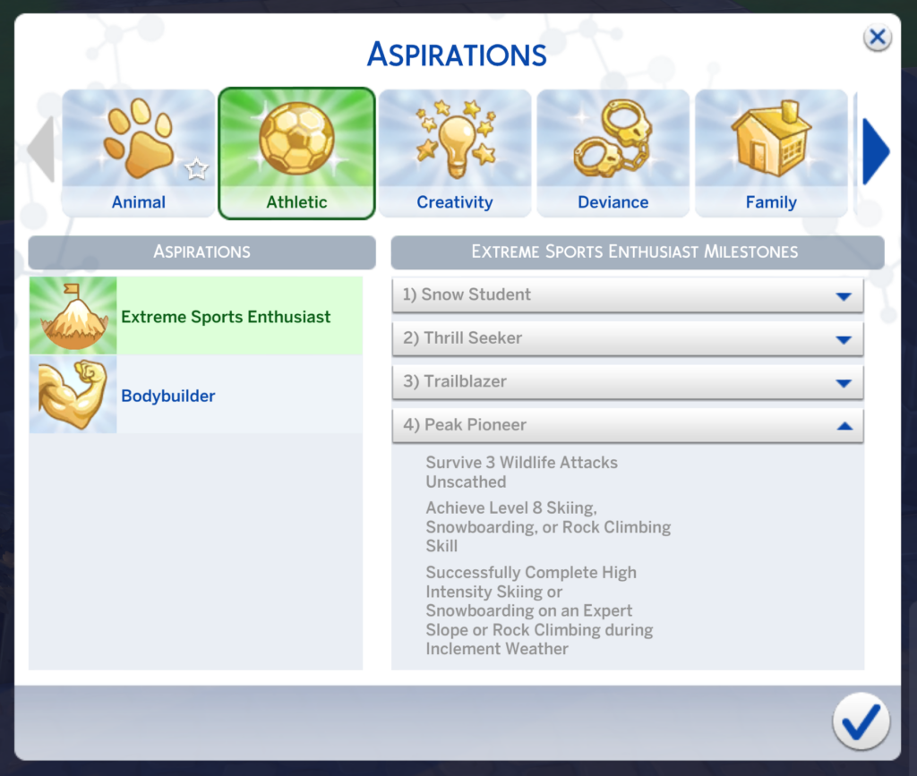 Stufe 4 der Sims 4 Extreme-Sport-Enthusiasten-Aspiration