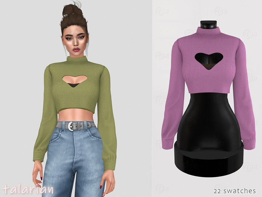 Eine Sim, die eine blaue High-Waist-Jeans trägt und einen grünen Crop-Top-Pullover mit einem Herz-Ausschnitt in der Mitte trägt.
