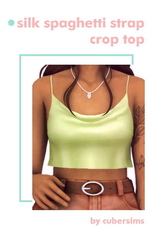Ein Sim mit braunen Haaren trägt eine braune Hose mit Gürtel und ein seidenes Bauchfreies Tanktop.