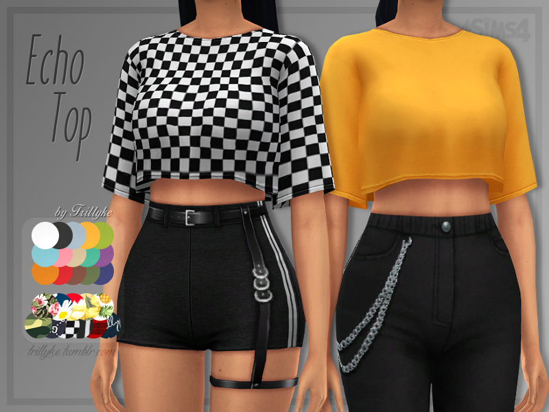 Zwei Sims mit abgeschnittenen Köpfen tragen Crop-Tops, einer mit Jeans und einer mit Shorts.