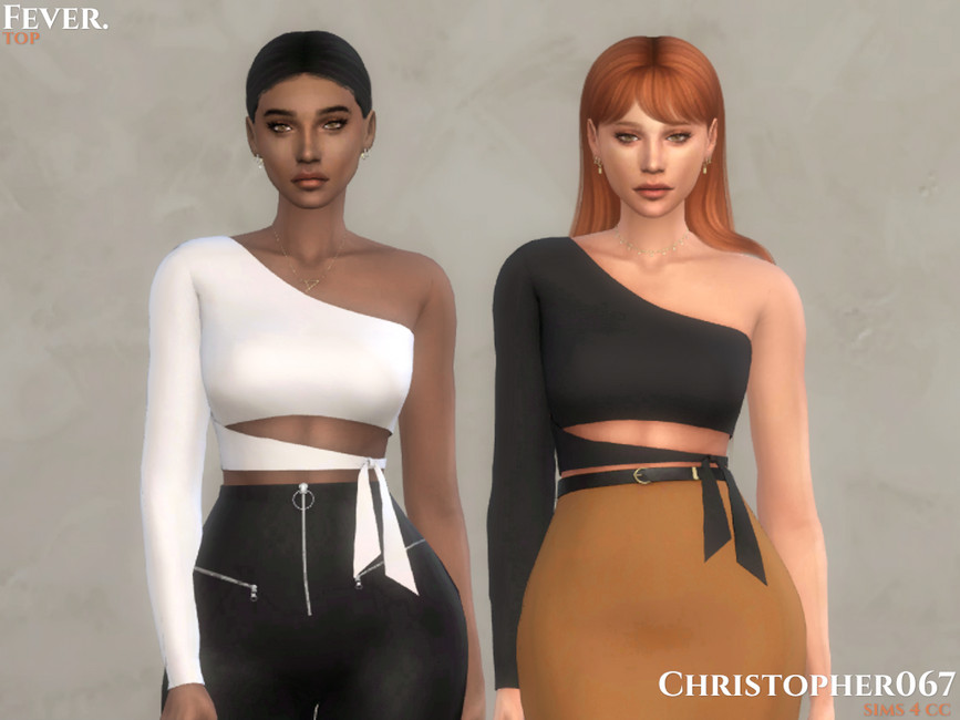 Zwei Sims tragen One-Shoulder-Sims-4-CC-Crop-Tops.