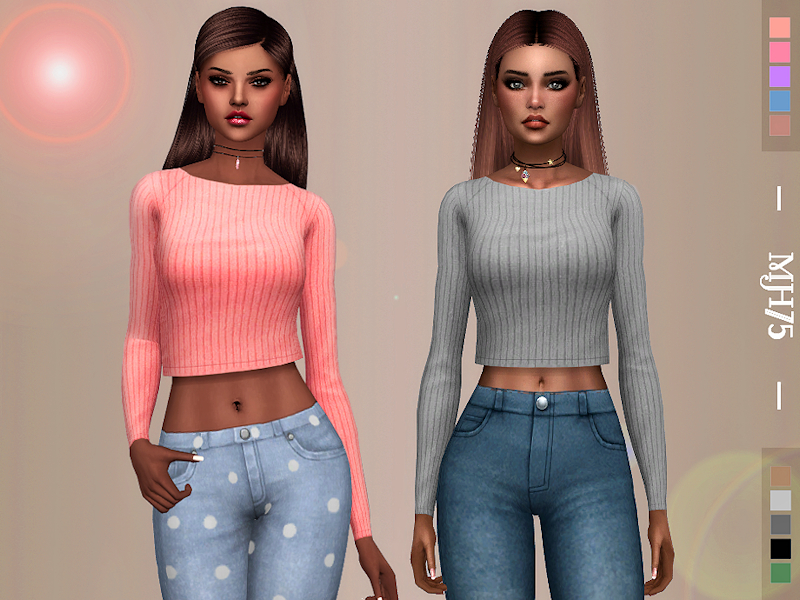 Zwei Sims mit braunen Haaren auf einem beigen Hintergrund, die langärmelige Bauchfreie Pullover mit Rippung tragen.