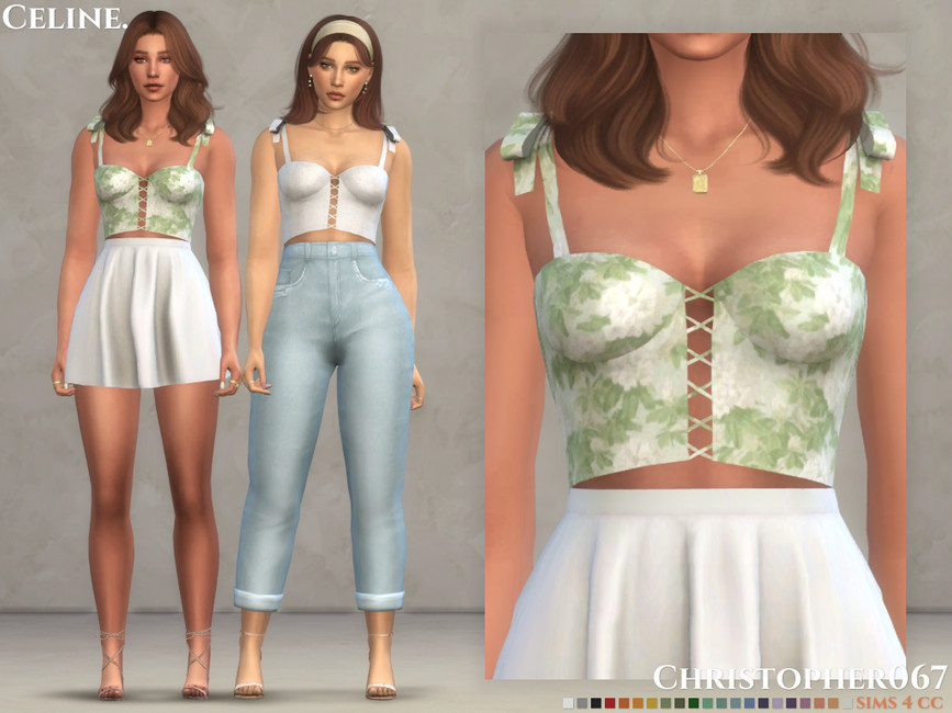 Zwei Sims stehen nebeneinander und tragen verschiedene Varianten desselben Sims 4 CC Crop-Tops. Eine trägt einen weißen Rock und die andere trägt eine hoch taillierte Jeans.