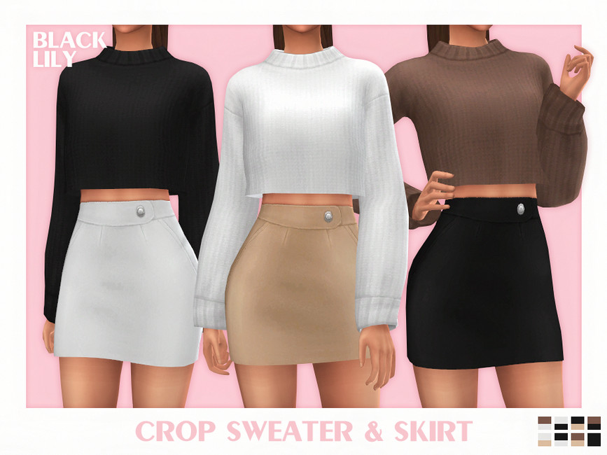 Die gleichen Sims 3 Mal mit abgeschnittenen Köpfen im Bild, sie tragen alle hoch taillierte Miniröcke und langärmelige gecroppte Pullover.
