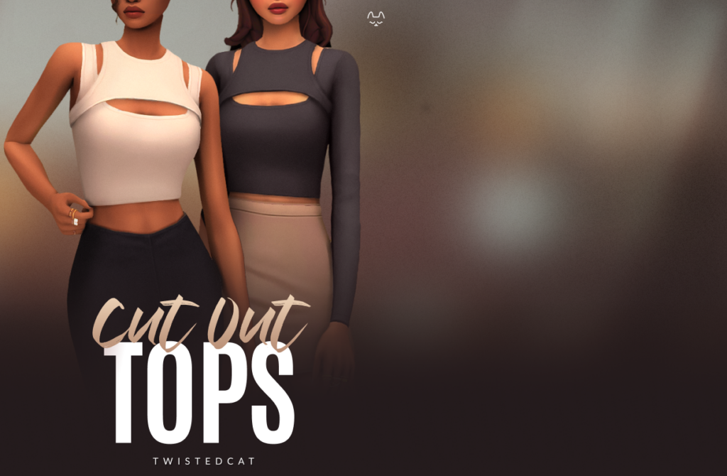 Ein schwarz/grauer Hintergrund mit zwei Sims oben drauf. Ihre Gesichter sind aus dem Bild ausgeschnitten und unten steht "cut out tops". Beide tragen Sims 4 CC Crop Tops.