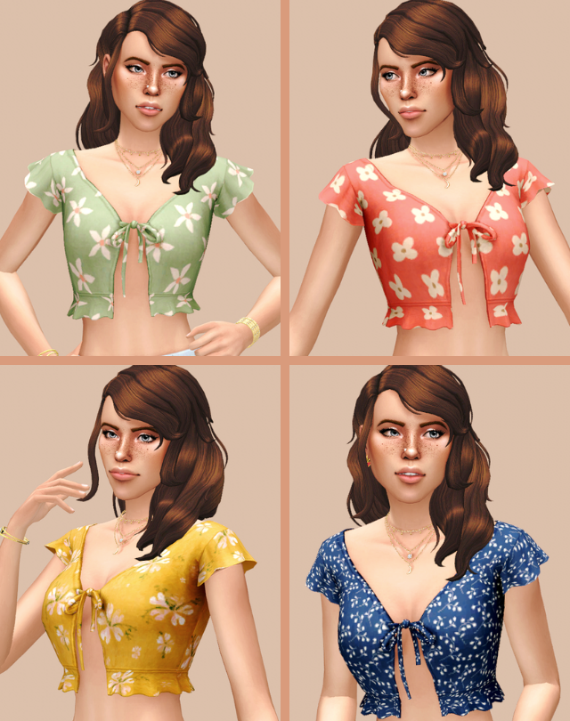 Vier Sims in verschiedenen Ecken des Bildes, sie tragen alle dasselbe Crop Top mit Blumenmustern und Stilen. Sims 4
