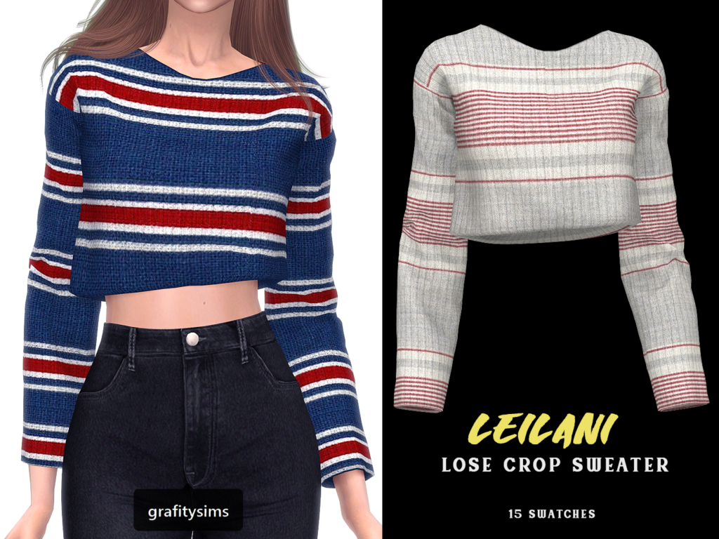 Ein Sim steht in einer schwarzen Jeans mit einem Pullover darüber, der oben blau, rot und weiß gestreift ist.