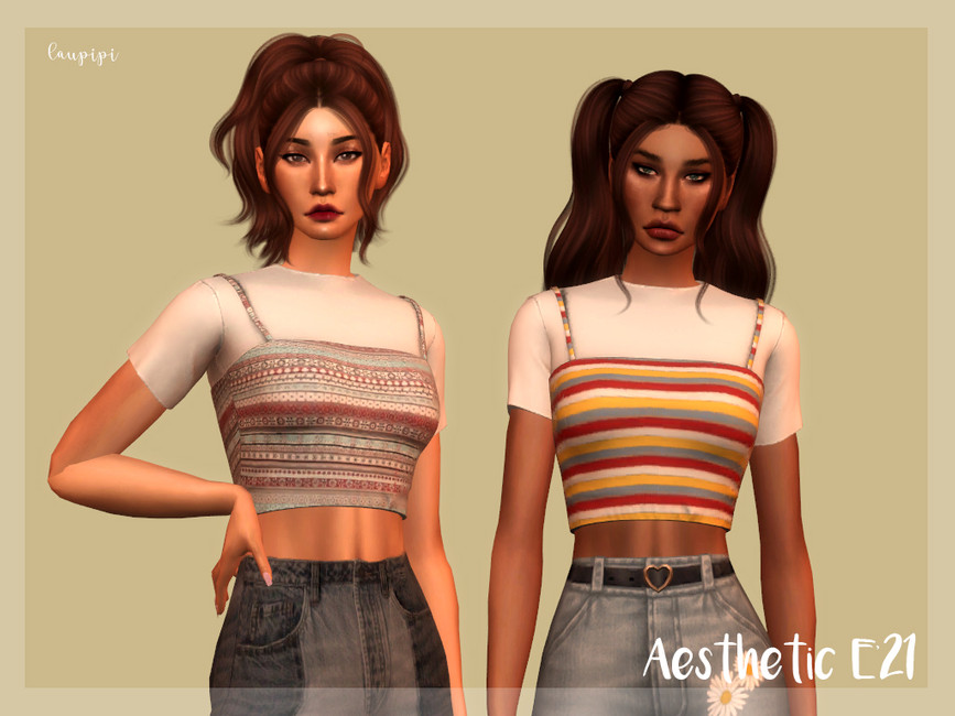 Zwei Sims stehen nebeneinander. Sie tragen Baby-T-Shirts mit einem abgeschnittenen Tank Top darüber.