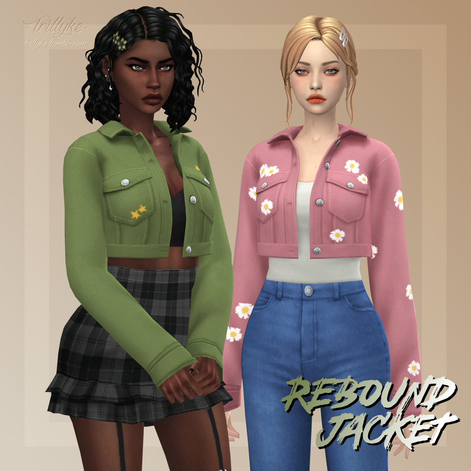 Zwei Sims stehen nebeneinander und tragen beide Crop-Jacken über einem Tanktop.
