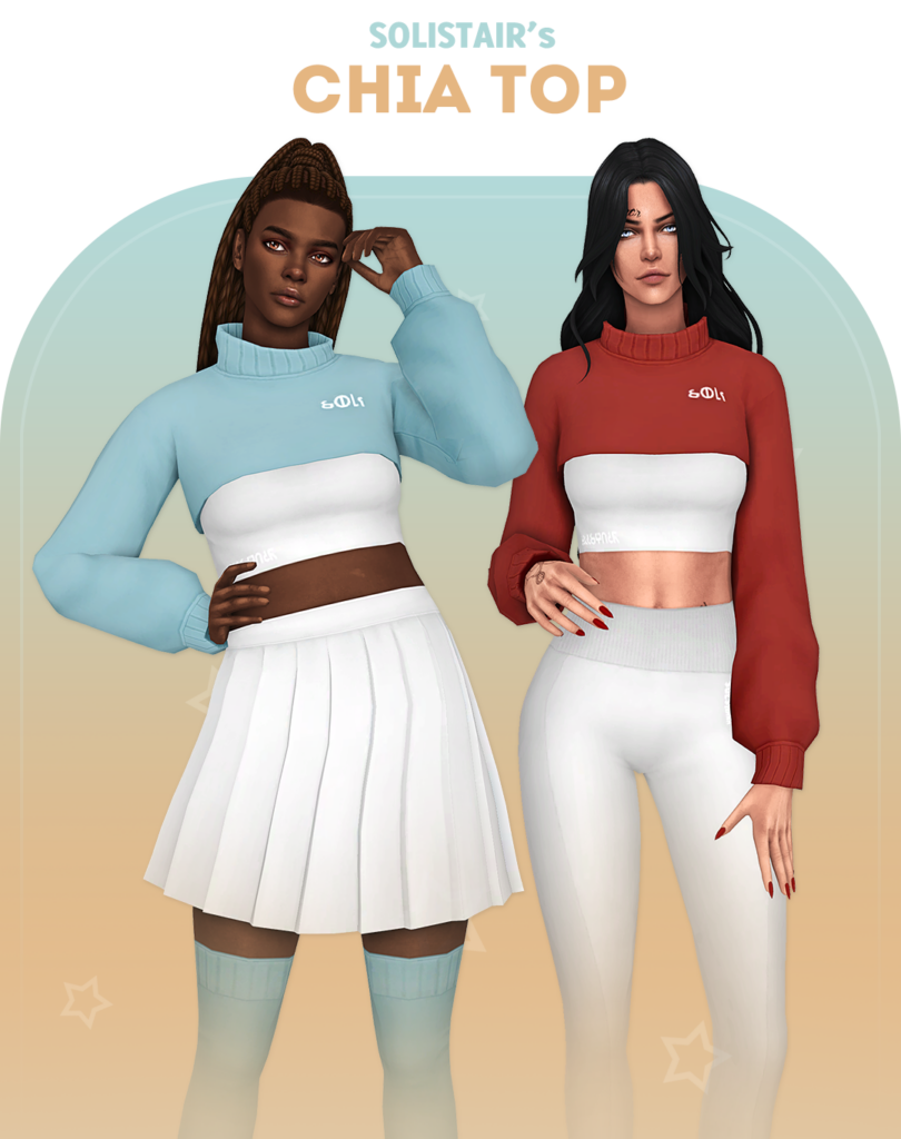 Zwei Sims-4-Charaktere, die beide Sportkleidung tragen, einschließlich eines Crop-Top-Pullovers.