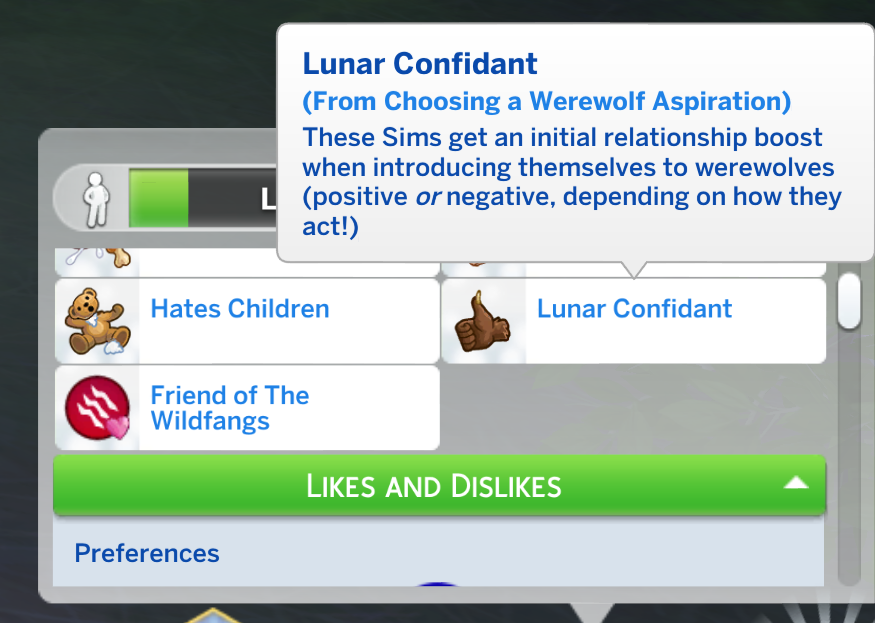 Sims 4 Werwölfe Aspirationen Bonusmerkmal Lunar-Vertrauter