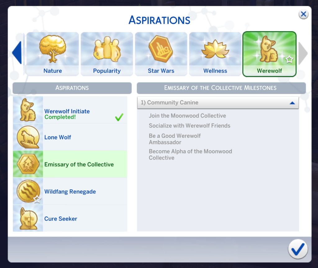 Sims 4 Werwolf-Aspirationen Seite für den Boten der Kollektiven Sehnsucht
