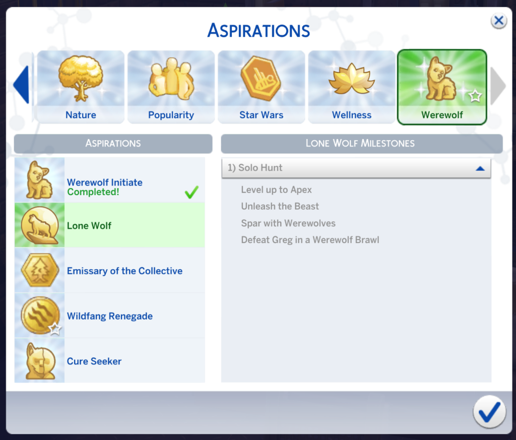 Seite mit Sims 4 Werwolf-Aspirationszielen für einsame Wölfe