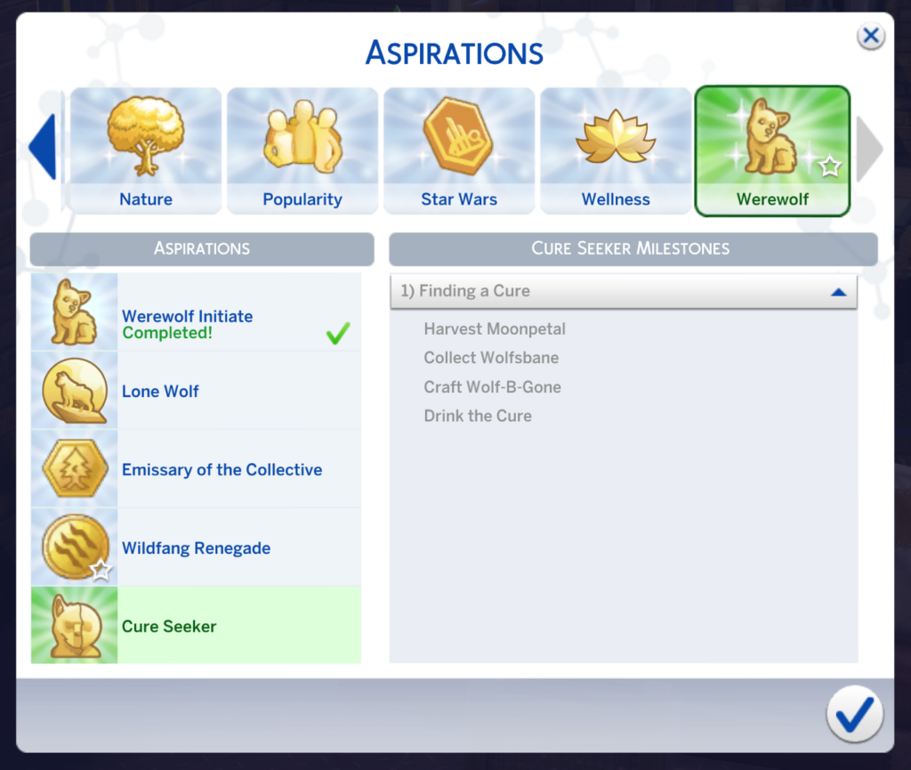 Sims-4-Werwölfe-Aspirationen-Seite für Cure Seeker