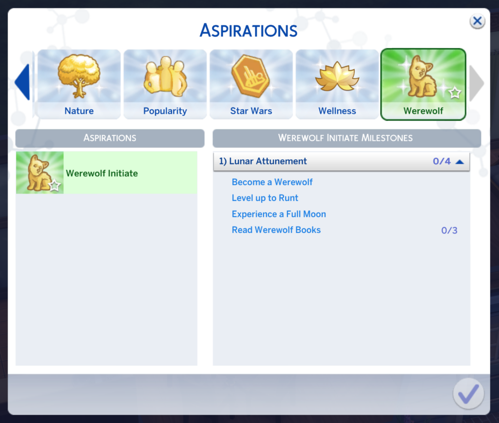 Sims 4 Werwolf-Initiaten-Aspiration Seite mit allen vier Aufgaben in der Mondabstimmungsstufe