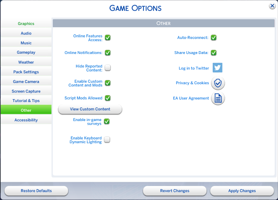 sims 4 game options