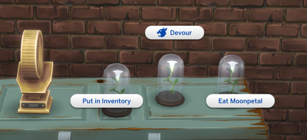 Die Interaktion zum Essen einer Mondblüte in Die Sims 4, die Werwolf-Fähigkeiten zurücksetzt