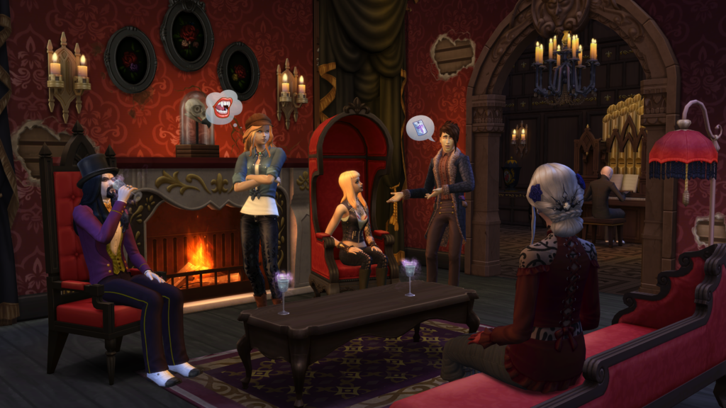 eine Gruppe von hochrangigen Vampiren, die in einem viktorianischen Wohnzimmer abhängen, sie haben Sims 4 Vampir-Cheats verwendet, um hohe Level zu erreichen.