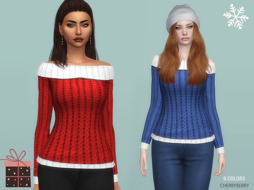 Zwei Sims tragen einen schulterfreien Pullover ohne verrückte Muster.